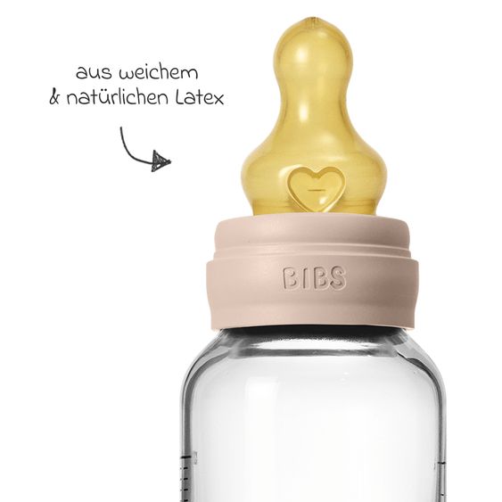 Bibs Bottiglia di vetro per neonati rotonda 120 ml + tettarella in lattice a flusso lento - Blush