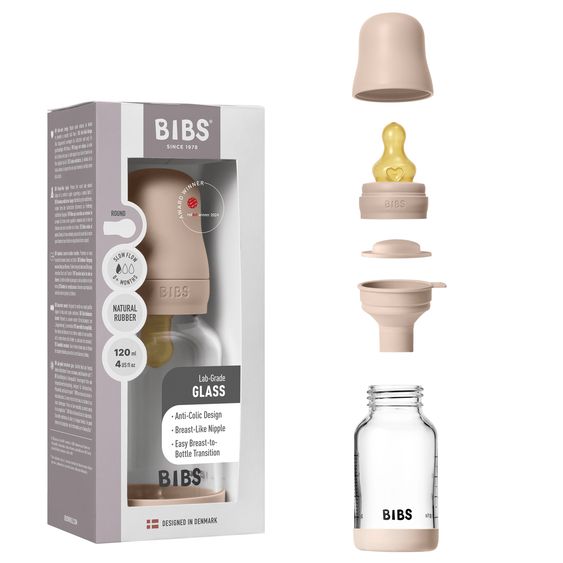 Bibs Bottiglia di vetro per neonati rotonda 120 ml + tettarella in lattice a flusso lento - Blush