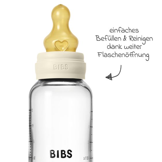 Bibs Bottiglia di vetro per neonati rotonda 120 ml + tettarella in lattice a flusso lento - Avorio