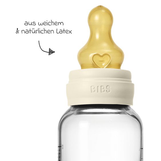 Bibs Bottiglia di vetro per neonati rotonda 120 ml + tettarella in lattice a flusso lento - Avorio