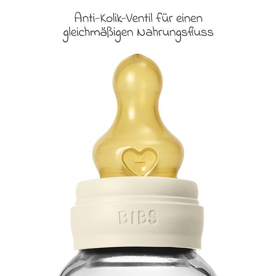 Bibs Bottiglia di vetro per neonati rotonda 120 ml + tettarella in lattice a flusso lento - Avorio
