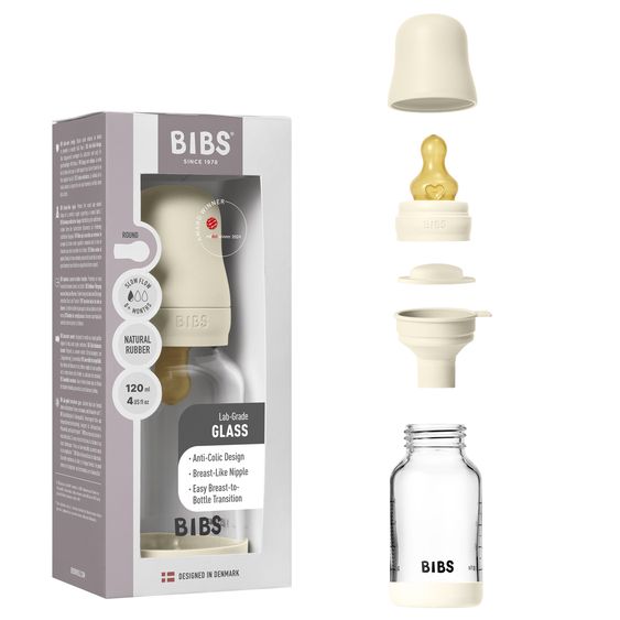 Bibs Bottiglia di vetro per neonati rotonda 120 ml + tettarella in lattice a flusso lento - Avorio