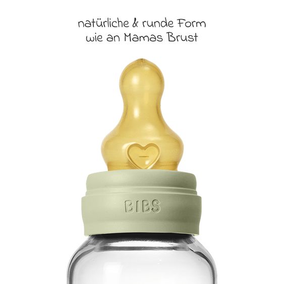 Bibs Bottiglia di vetro per bambini rotonda da 120 ml + tettarella in lattice a flusso lento - Salvia