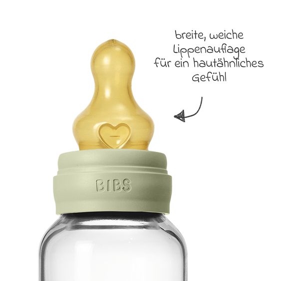 Bibs Bottiglia di vetro per bambini rotonda da 120 ml + tettarella in lattice a flusso lento - Salvia