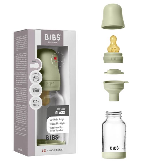 Bibs Bottiglia di vetro per bambini rotonda da 120 ml + tettarella in lattice a flusso lento - Salvia