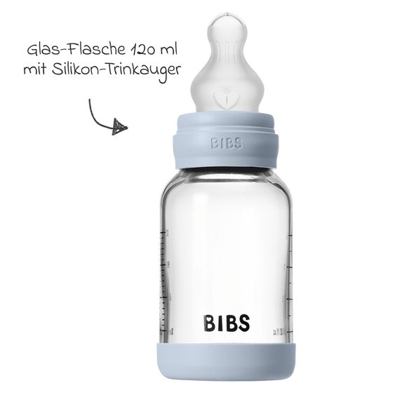 Bibs Bottiglia di vetro per neonati rotonda 120 ml + tettarella in silicone a flusso lento - Baby Blue