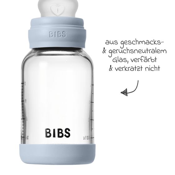 Bibs Bottiglia di vetro per neonati rotonda 120 ml + tettarella in silicone a flusso lento - Baby Blue