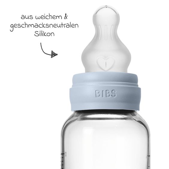 Bibs Bottiglia di vetro per neonati rotonda 120 ml + tettarella in silicone a flusso lento - Baby Blue