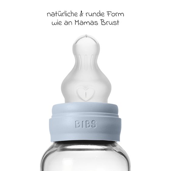 Bibs Bottiglia di vetro per neonati rotonda 120 ml + tettarella in silicone a flusso lento - Baby Blue