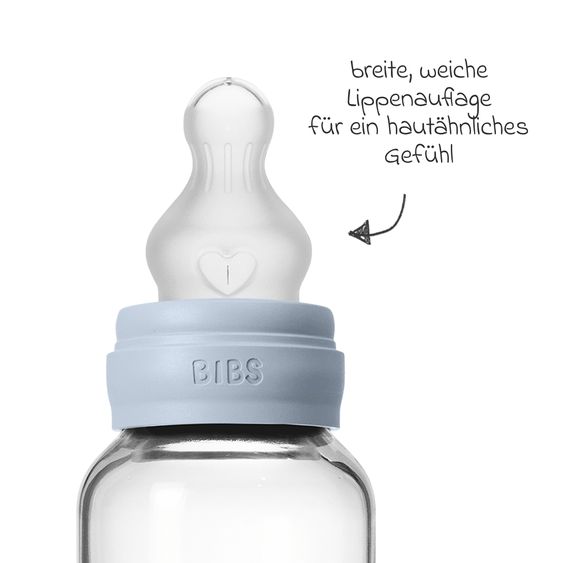 Bibs Bottiglia di vetro per neonati rotonda 120 ml + tettarella in silicone a flusso lento - Baby Blue