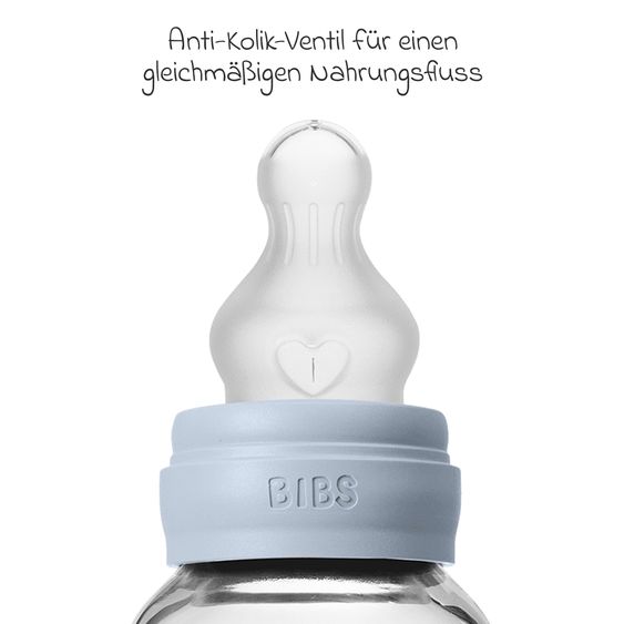 Bibs Bottiglia di vetro per neonati rotonda 120 ml + tettarella in silicone a flusso lento - Baby Blue