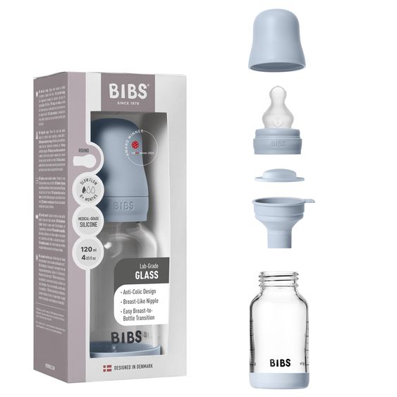 Bibs Bottiglia di vetro per neonati rotonda 120 ml + tettarella in silicone a flusso lento - Baby Blue