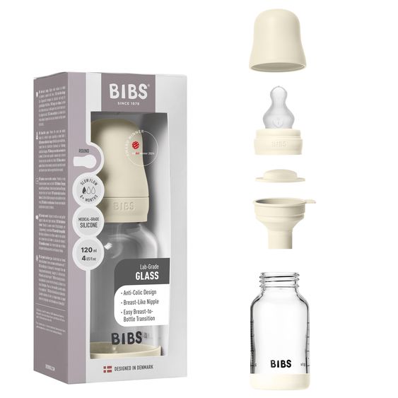 Bibs Glass bottle Baby Bottle Round 120 ml + silicone teat slow food flow - Ivory