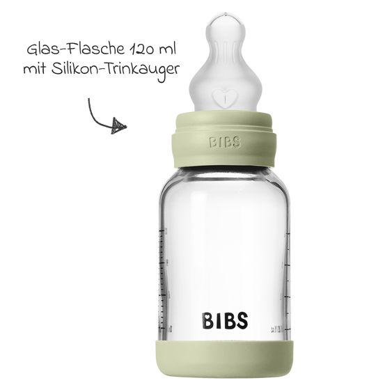 Bibs Glass bottle Baby Bottle Round 120 ml + silicone teat slow food flow - Sage