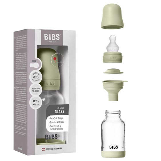Bibs Glass bottle Baby Bottle Round 120 ml + silicone teat slow food flow - Sage