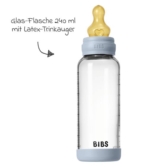 Bibs Glas-Flasche Baby Bottle Round 240 ml + Latex-Trinksauger mittlerer Nahrungsfluss - Baby Blue