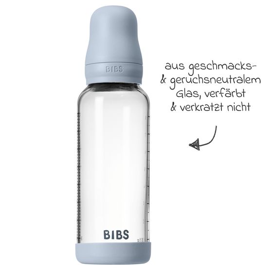 Bibs Glas-Flasche Baby Bottle Round 240 ml + Latex-Trinksauger mittlerer Nahrungsfluss - Baby Blue