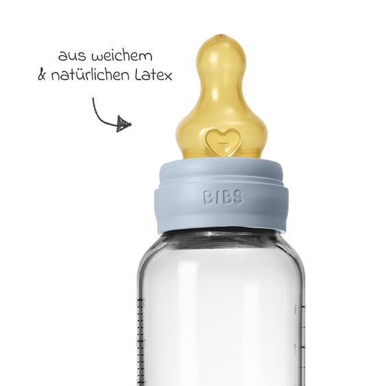 Bibs Glas-Flasche Baby Bottle Round 240 ml + Latex-Trinksauger mittlerer Nahrungsfluss - Baby Blue