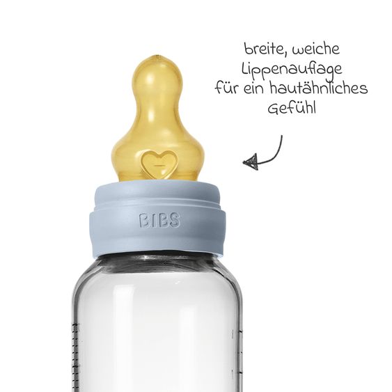 Bibs Glas-Flasche Baby Bottle Round 240 ml + Latex-Trinksauger mittlerer Nahrungsfluss - Baby Blue