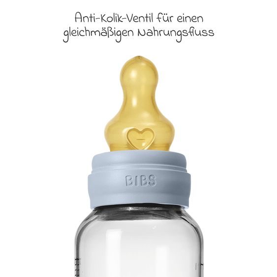 Bibs Glas-Flasche Baby Bottle Round 240 ml + Latex-Trinksauger mittlerer Nahrungsfluss - Baby Blue