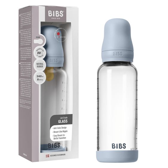 Bibs Glas-Flasche Baby Bottle Round 240 ml + Latex-Trinksauger mittlerer Nahrungsfluss - Baby Blue