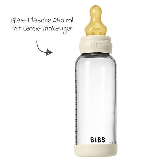Bibs Glas-Flasche Baby Bottle Round 240 ml + Latex-Trinksauger mittlerer Nahrungsfluss - Ivory
