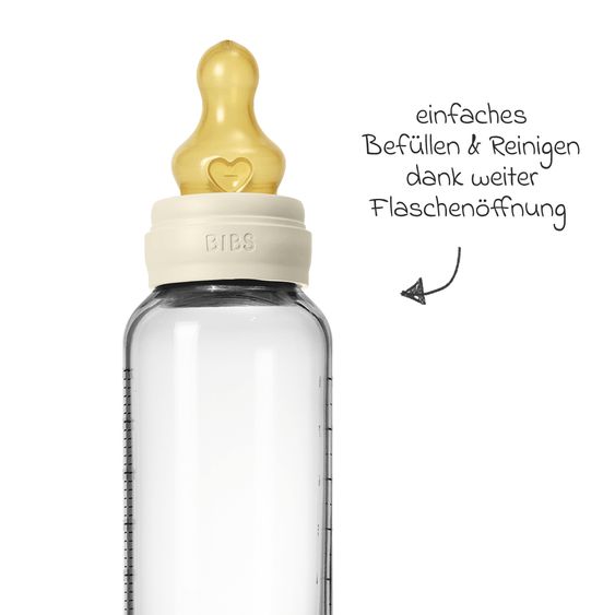 Bibs Glas-Flasche Baby Bottle Round 240 ml + Latex-Trinksauger mittlerer Nahrungsfluss - Ivory