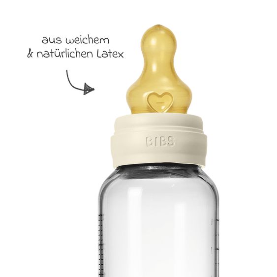 Bibs Glas-Flasche Baby Bottle Round 240 ml + Latex-Trinksauger mittlerer Nahrungsfluss - Ivory