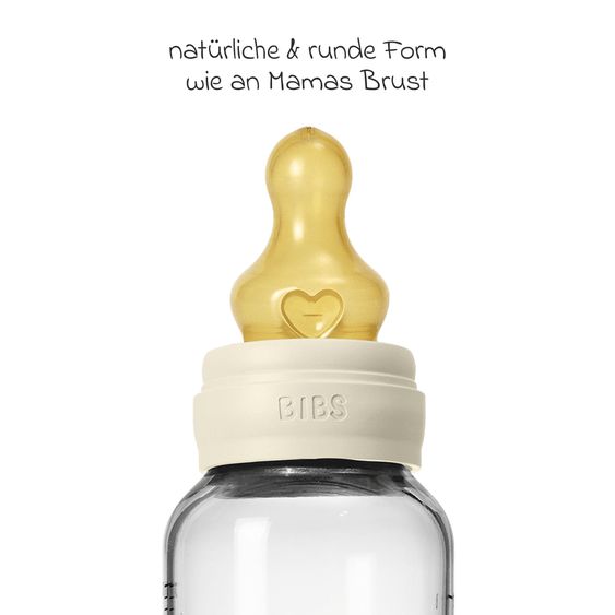 Bibs Glas-Flasche Baby Bottle Round 240 ml + Latex-Trinksauger mittlerer Nahrungsfluss - Ivory