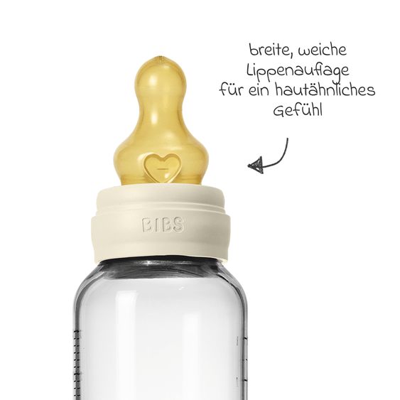 Bibs Glas-Flasche Baby Bottle Round 240 ml + Latex-Trinksauger mittlerer Nahrungsfluss - Ivory