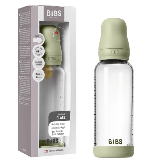 Bibs Glas-Flasche Baby Bottle Round 240 ml + Latex-Trinksauger mittlerer Nahrungsfluss - Sage