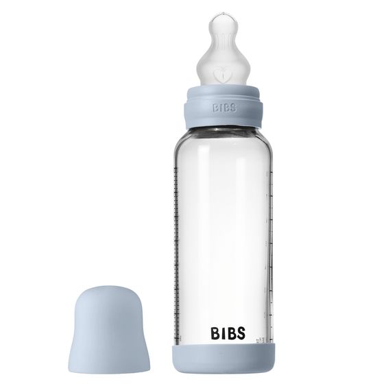 Bibs Glas-Flasche Baby Bottle Round 240 ml + Silikon-Trinksauger mittlerer Nahrungsfluss - Baby Blue