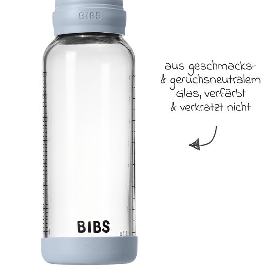 Bibs Glas-Flasche Baby Bottle Round 240 ml + Silikon-Trinksauger mittlerer Nahrungsfluss - Baby Blue
