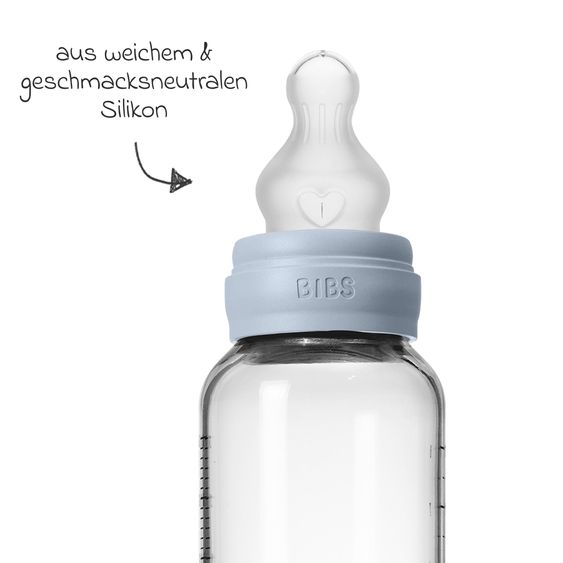 Bibs Glas-Flasche Baby Bottle Round 240 ml + Silikon-Trinksauger mittlerer Nahrungsfluss - Baby Blue