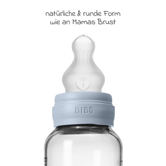 Bibs Glas-Flasche Baby Bottle Round 240 ml + Silikon-Trinksauger mittlerer Nahrungsfluss - Baby Blue