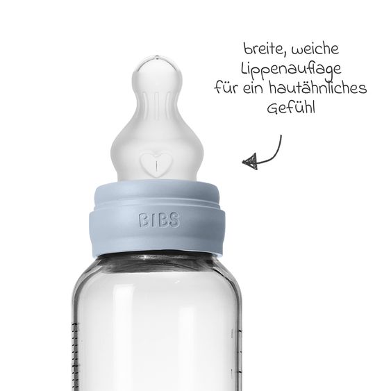 Bibs Glas-Flasche Baby Bottle Round 240 ml + Silikon-Trinksauger mittlerer Nahrungsfluss - Baby Blue