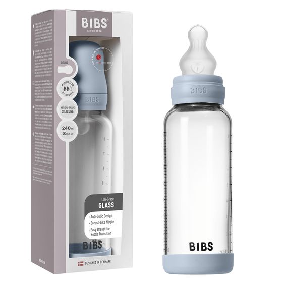 Bibs Glas-Flasche Baby Bottle Round 240 ml + Silikon-Trinksauger mittlerer Nahrungsfluss - Baby Blue