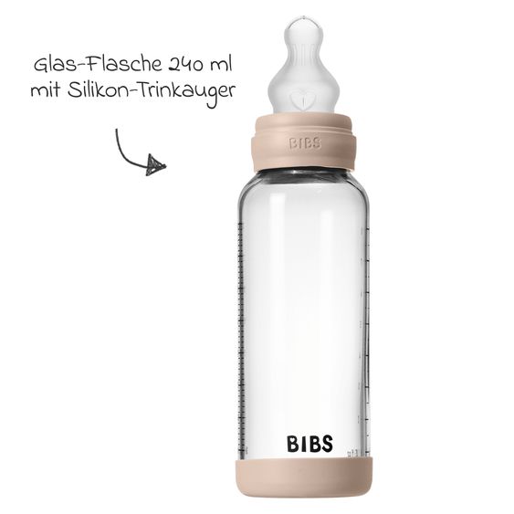 Bibs Glas-Flasche Baby Bottle Round 240 ml + Silikon-Trinksauger mittlerer Nahrungsfluss - Blush