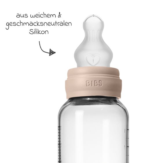 Bibs Glas-Flasche Baby Bottle Round 240 ml + Silikon-Trinksauger mittlerer Nahrungsfluss - Blush