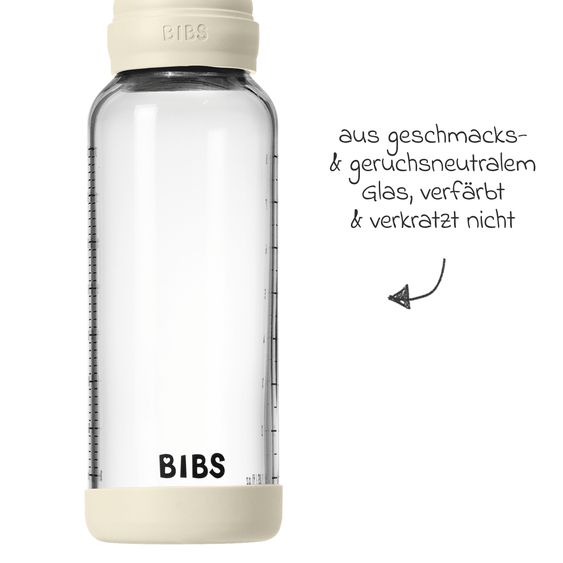 Bibs Glas-Flasche Baby Bottle Round 240 ml + Silikon-Trinksauger mittlerer Nahrungsfluss - Ivory