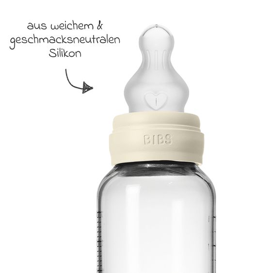 Bibs Glas-Flasche Baby Bottle Round 240 ml + Silikon-Trinksauger mittlerer Nahrungsfluss - Ivory