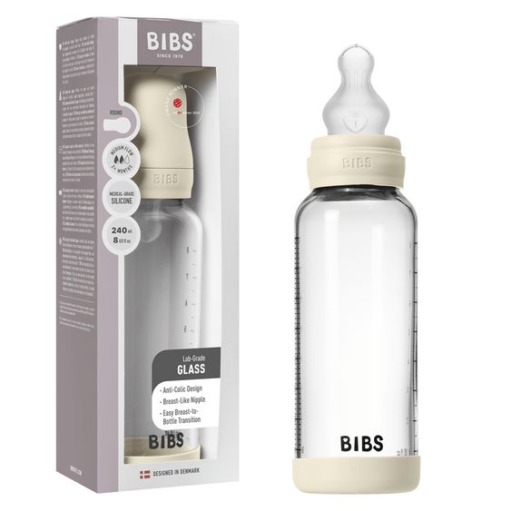 Bibs Glas-Flasche Baby Bottle Round 240 ml + Silikon-Trinksauger mittlerer Nahrungsfluss - Ivory