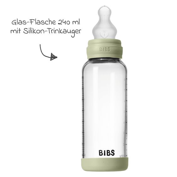 Bibs Glas-Flasche Baby Bottle Round 240 ml + Silikon-Trinksauger mittlerer Nahrungsfluss - Sage