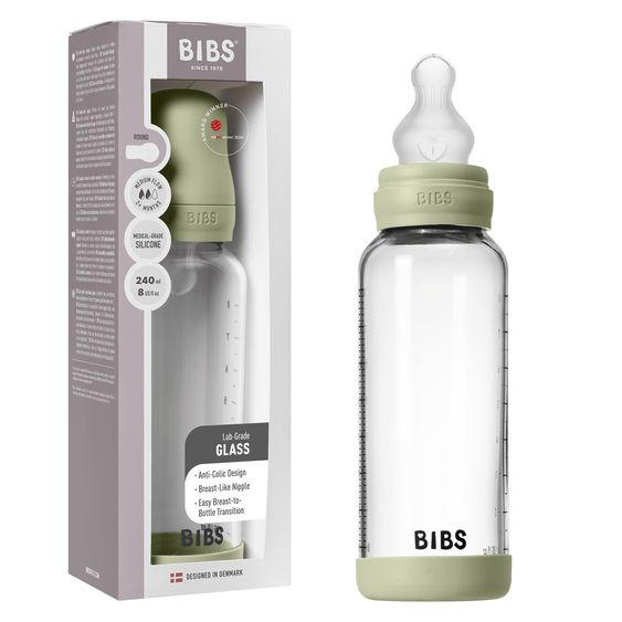Bibs Glas-Flasche Baby Bottle Round 240 ml + Silikon-Trinksauger mittlerer Nahrungsfluss - Sage
