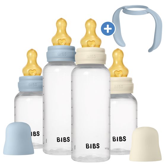 Bibs PP-Flasche 4er Pack mit Griff Baby Bottle Round 150 ml & 270 ml + Latex-Trinksauger + Baby Bottle Handle - Ivory / Baby Blue