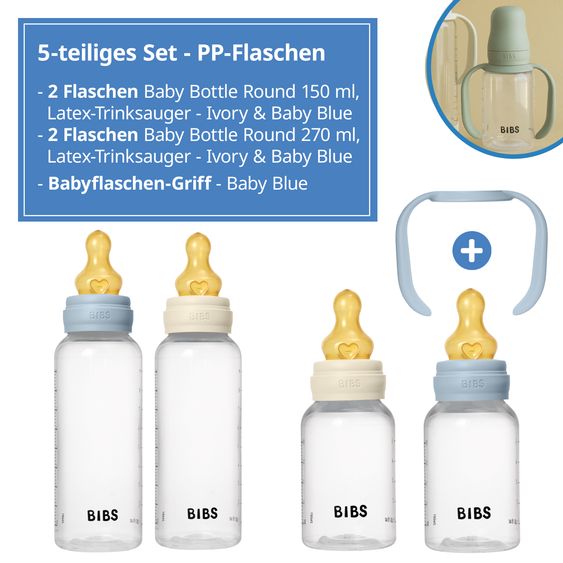 Bibs PP-Flasche 4er Pack mit Griff Baby Bottle Round 150 ml & 270 ml + Latex-Trinksauger + Baby Bottle Handle - Ivory / Baby Blue