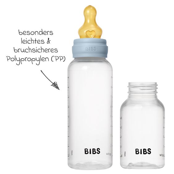 Bibs PP-Flasche 4er Pack mit Griff Baby Bottle Round 150 ml & 270 ml + Latex-Trinksauger + Baby Bottle Handle - Ivory / Baby Blue