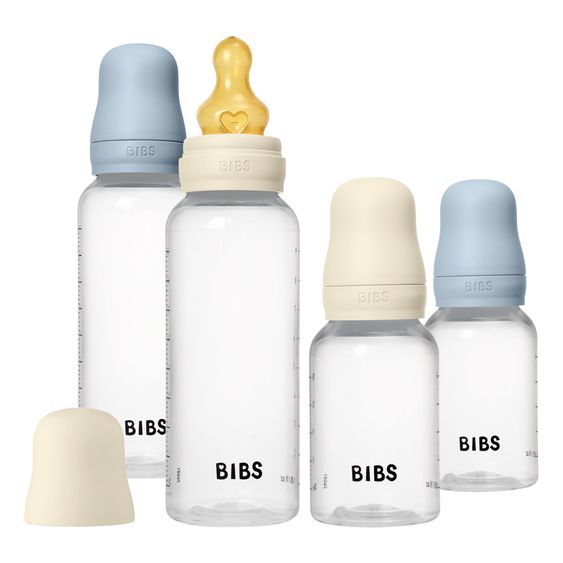 Bibs PP-Flasche 4er Pack mit Griff Baby Bottle Round 150 ml & 270 ml + Latex-Trinksauger + Baby Bottle Handle - Ivory / Baby Blue