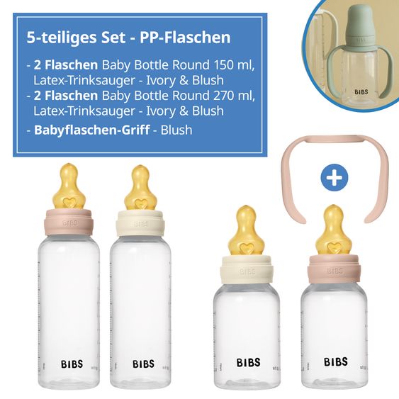 Bibs PP-Flasche 4er Pack mit Griff Baby Bottle Round 150 ml & 270 ml + Latex-Trinksauger + Baby Bottle Handle - Ivory / Blush