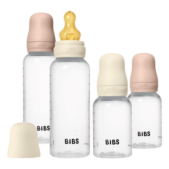 Bibs PP-Flasche 4er Pack mit Griff Baby Bottle Round 150 ml & 270 ml + Latex-Trinksauger + Baby Bottle Handle - Ivory / Blush